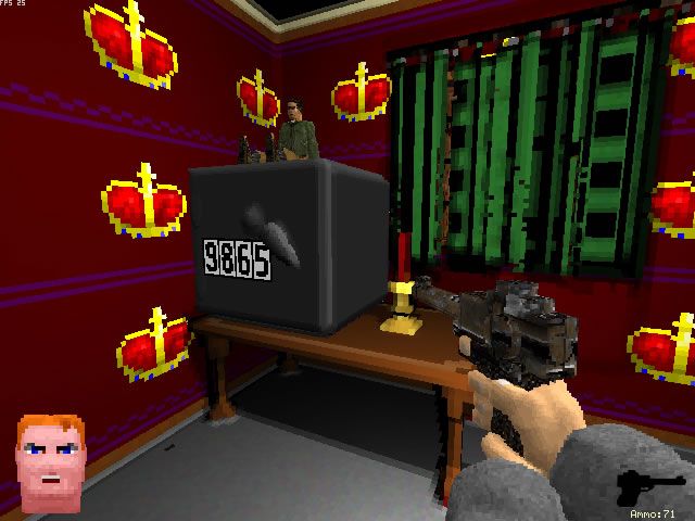 Voxelstein 3D (Windows) screenshot: A code of four well known numbers opens the safe.