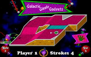 Fuzzy's World of Miniature Space Golf (DOS) screenshot: In Galactic Giggle Gadgets...