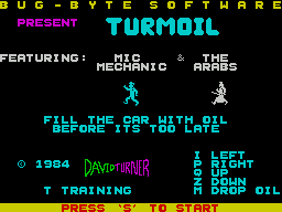 Turmoil (ZX Spectrum) screenshot: The game's main menu screen. The player returns here when all lives are lost