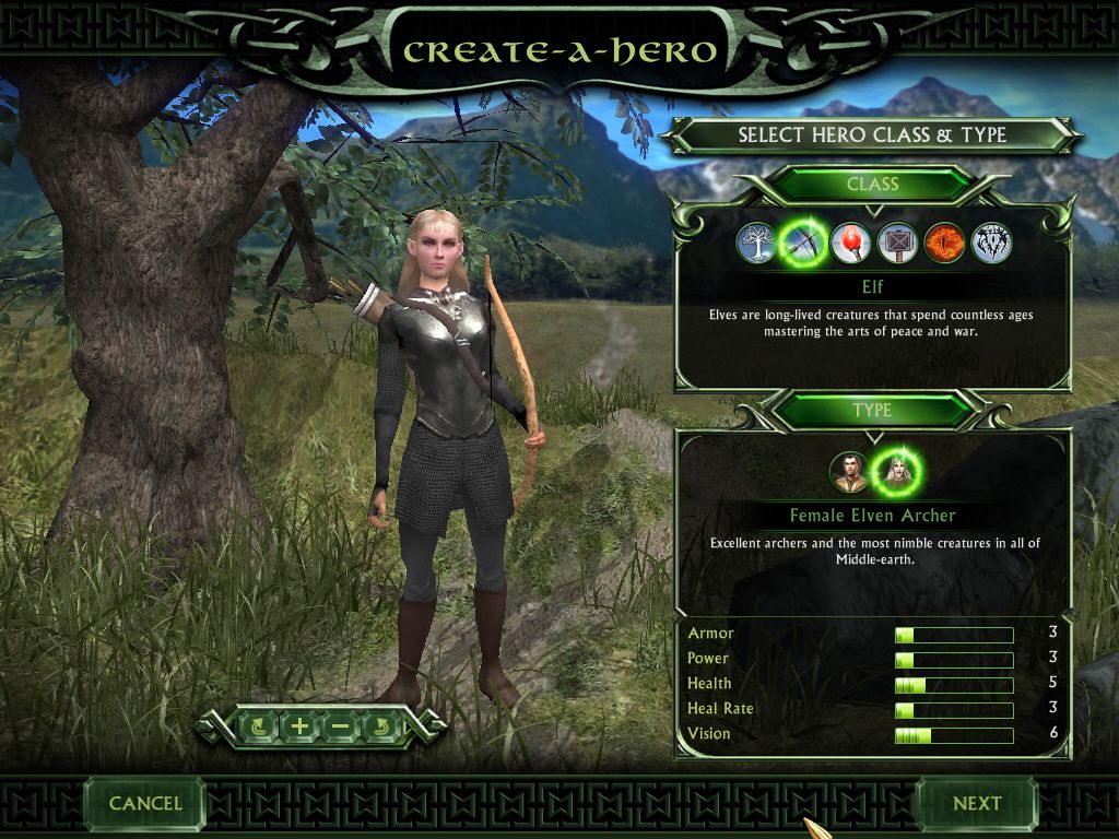 The Lord of the Rings: The Battle for Middle-earth II (Windows) screenshot: You can create your own hero who can be recruited during the game. There are several different classes and races to choose from.