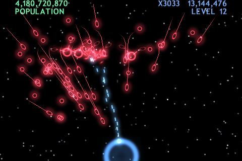 Blue Defense! (iPhone) screenshot: The first priority here is to destroy the streamers before they hit the planet. But you also need to find time to destroy the carriers that keep spawning them.