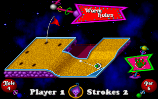 Fuzzy's World of Miniature Space Golf (DOS) screenshot: And the second one (but be careful about fake holes of worms)