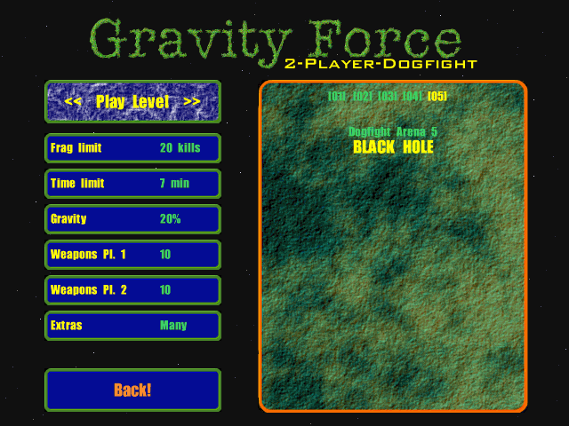 Gravity Force (DOS) screenshot: Setting up a multiplayer game; two players only.