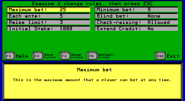 Amarillo Slim's 7 Card Stud (DOS) screenshot: Options include possibilities of changing the rules