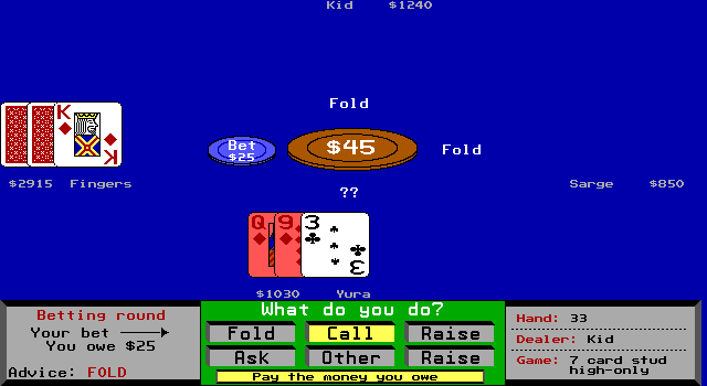 Amarillo Slim's 7 Card Stud (DOS) screenshot: I can call, but the tutor advices to fold