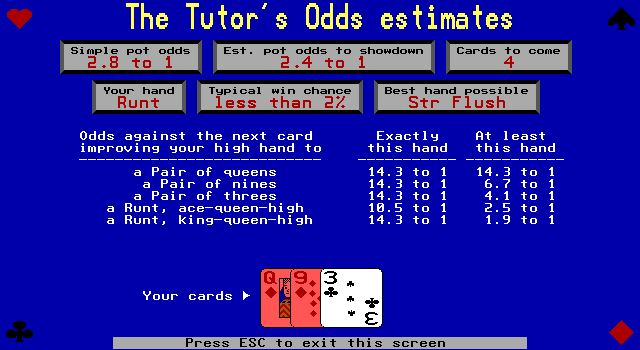 Amarillo Slim's 7 Card Stud (DOS) screenshot: Odds estimates for the current hand