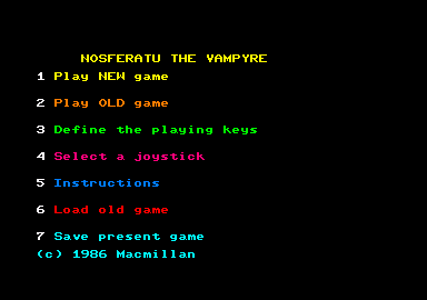 Nosferatu the Vampyre (Amstrad CPC) screenshot: Title and main menu