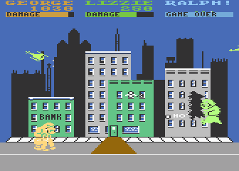 Rampage (Atari 8-bit) screenshot: Watch out to not destroy the bridge