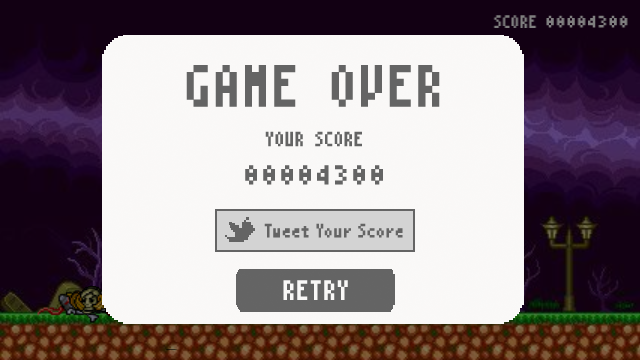 8-Bit Bayonetta (Browser) screenshot: At game over, you're given the option to post your score to Twitter