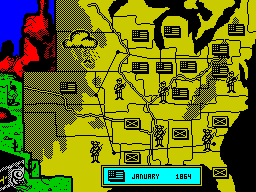 North & South (ZX Spectrum) screenshot: The overview map of the US which is used for planning your attacks.