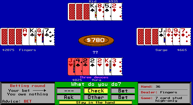 Amarillo Slim's 7 Card Stud (DOS) screenshot: I should bet!