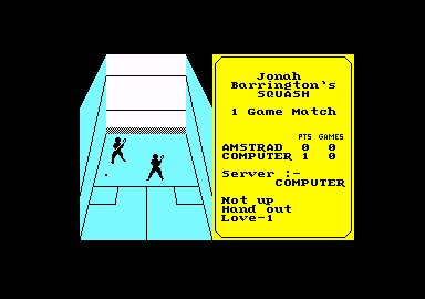 Jonah Barrington's Squash (Amstrad CPC) screenshot: Not up. Hand out. Love - One