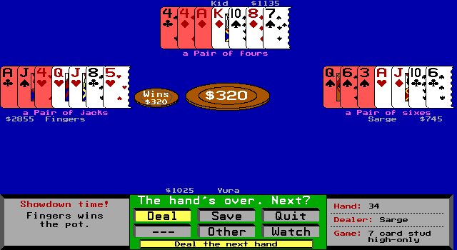 Amarillo Slim's 7 Card Stud (DOS) screenshot: A lucky opponent wins!
