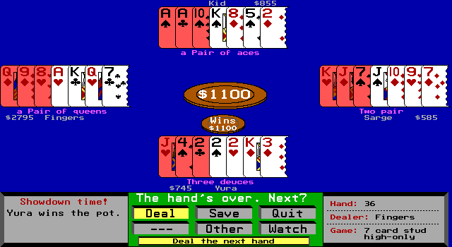 Amarillo Slim's 7 Card Stud (DOS) screenshot: And here I win!