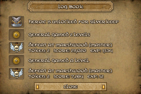 Defender Chronicles: Legend of The Desert King (iPhone) screenshot: The in-game log keeps track of your defeats...