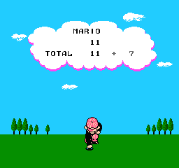 Mario Open Golf (NES) screenshot: At the end of each hole Mario retrieves his ball while your score is displayed with a delayed fade-in for the number of strokes over par. This softens the blow.