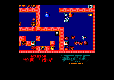 Gauntlet II (Amstrad CPC) screenshot: There is a second exit in level 1 that will warp you to level 6. This level looks hard.