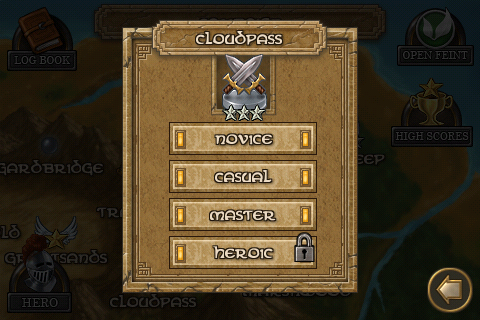 Defender Chronicles: Legend of The Desert King (iPhone) screenshot: Choose the difficulty before each level