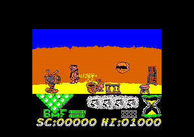 The Flintstones (Amstrad CPC) screenshot: Pebbles is writing on the wall while I paint.