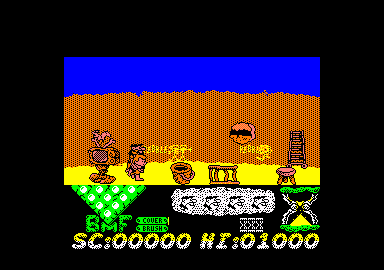 The Flintstones (Amstrad CPC) screenshot: "Come here, Pebbley-poo. Back to your playpen."