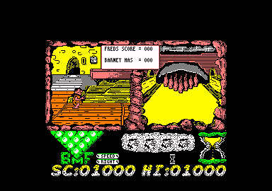 The Flintstones (Amstrad CPC) screenshot: Bowling. Fred goes first.
