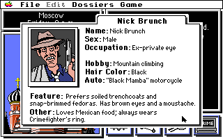 Where in the World is Carmen Sandiego? (Enhanced) (Apple IIgs) screenshot: Nick Brunch's dossier.