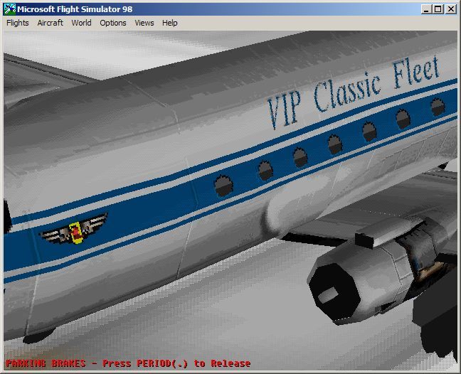 VIP Classic Airliners (Windows) screenshot: The DC-4 in VIP Classic Wings own colours even has their logo on the side