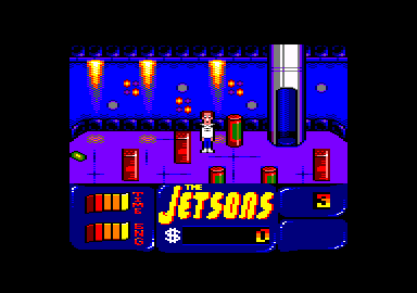 Jetsons: The Computer Game (Amstrad CPC) screenshot: Certain spots on the floor drop you into the basement. There is $50 over to the left.