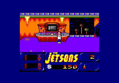 Jetsons: The Computer Game (Amstrad CPC) screenshot: Mr. Spacely will send you back to your office if you touch him.