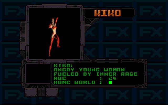 FX Fighter (DOS) screenshot: Kiko's character description screen; Kiko: Angry Young Woman.