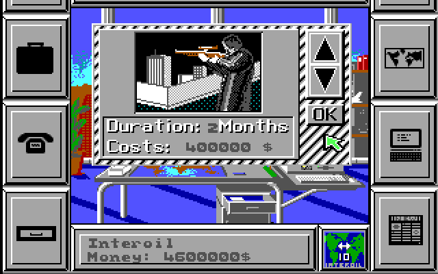 Black Gold (DOS) screenshot: hiring mercenaries and making sabotages (top secret compartment)
