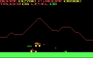 Offroad (DOS) screenshot: Level 2, slow down and jump across the red car