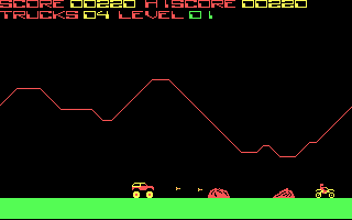 Offroad (DOS) screenshot: Level 1, shoot rocks and motorcycles