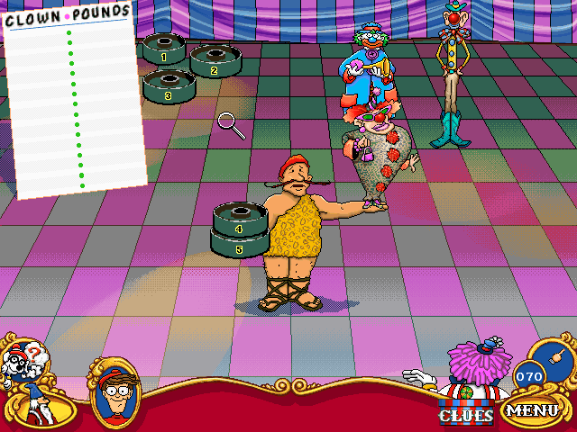 Where's Waldo? At the Circus (Windows 3.x) screenshot: Weighing the clowns