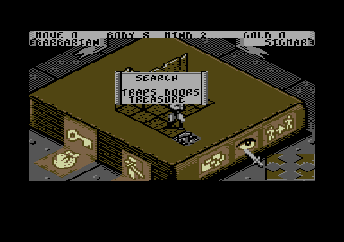 HeroQuest: Return of the Witch Lord (Commodore 64) screenshot: Searching. Do I look for trap doors or treasure?