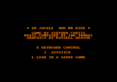 Jackle & Wide (Amstrad CPC) screenshot: Title screen, main menu and credits.