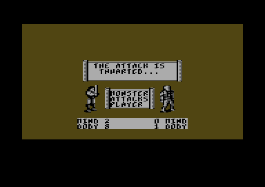 HeroQuest: Return of the Witch Lord (Commodore 64) screenshot: In battle. I blocked his attack.