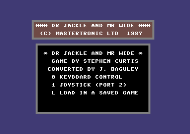 Jackle & Wide (Commodore 64) screenshot: Title screen and main menu