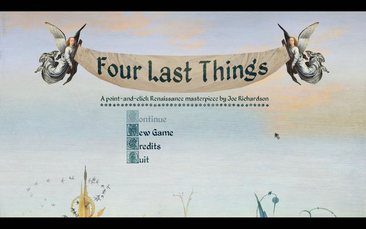 Four Last Things (Windows) screenshot: Title screen and Main menu