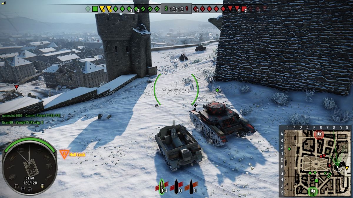 World of Tanks: Starter Kit - Fox Edition (PlayStation 4) screenshot: Next to a Fox tank in a city map during winter season