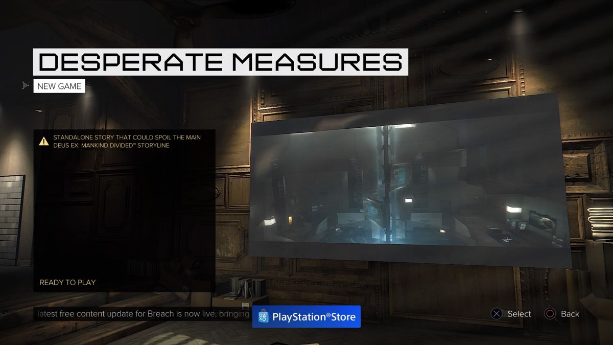 Deus Ex: Mankind Divided - Augmented Covert Agent Pack (PlayStation 4) screenshot: Desperate Measures - Main menu