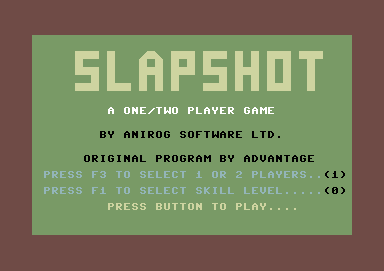 Slapshot (Commodore 64) screenshot: Title screen and main menu