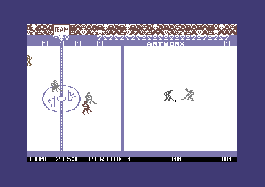Slapshot (Commodore 64) screenshot: Skating down the rink.