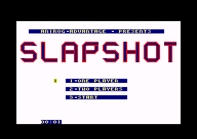 Slapshot (Amstrad CPC) screenshot: Title screen and main menu