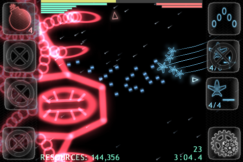Blue Attack! (iPhone) screenshot: A massive red ship. Attacking the front may not be the best idea.