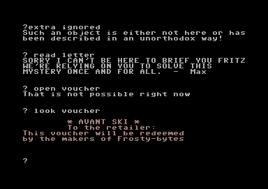 The Unorthodox Engineers: The Pen and the Dark (Commodore 64) screenshot: Looking at the voucher.