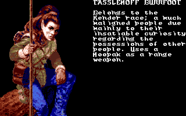 Heroes of the Lance (PC-98) screenshot: Not-so-cliche babe in cool blue pants...