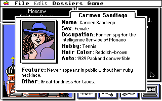 Where in the World is Carmen Sandiego? (Enhanced) (Apple IIgs) screenshot: Carmen Sandiego's dossier.