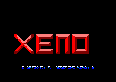 Xeno (Amstrad CPC) screenshot: Title screen, main menu and credits. The text at the bottom scrolls.