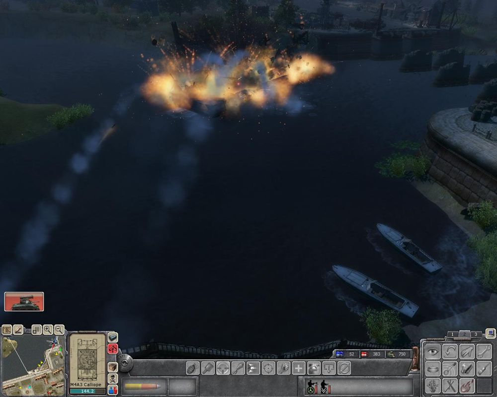Faces of War (Windows) screenshot: Rocket attack in the middle of the night.